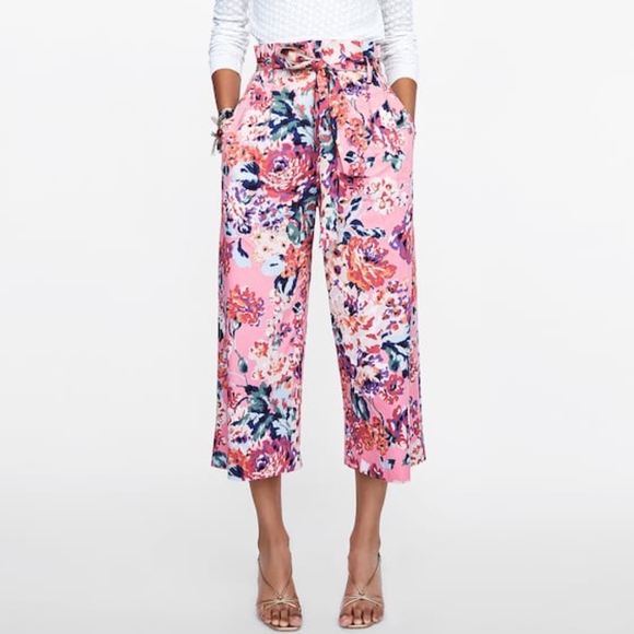 Zara Pants - High Wasted Zara Pink Floral Trousers with Belt